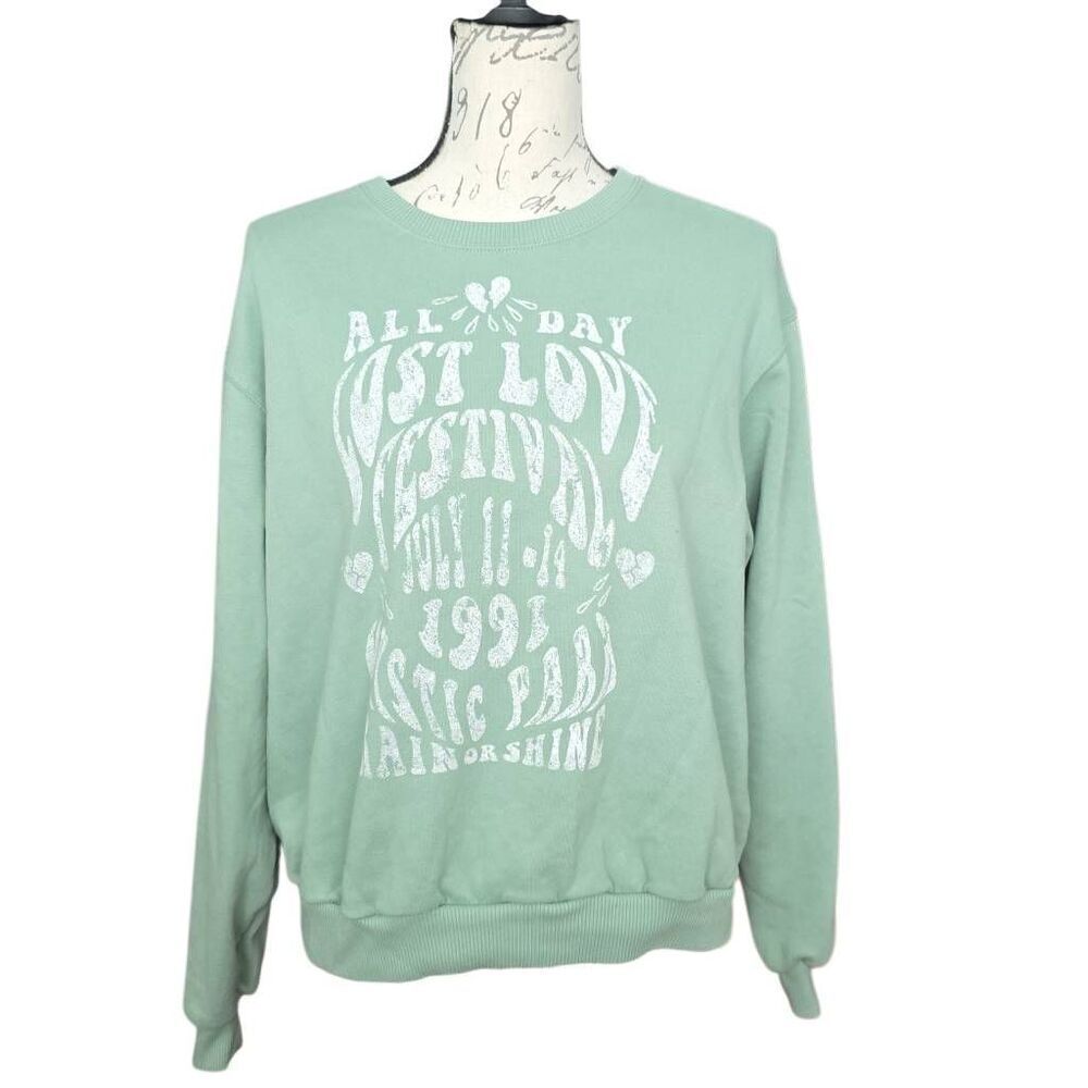 Hollister Women's Size Small Green White Lost Love Festival Sweatshirt
